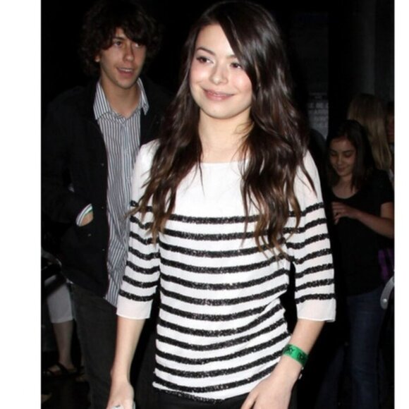 Alice & Olivia Sequin Striped Silk Chiffon Top Black and White ASO iCarly star - Picture 1 of 15
